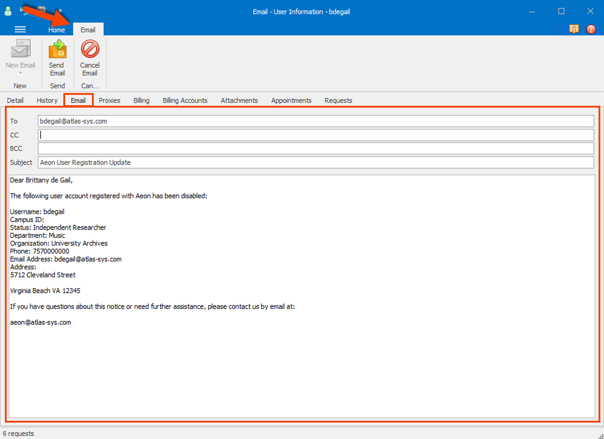 DisavowUser email example in the Aeon Client